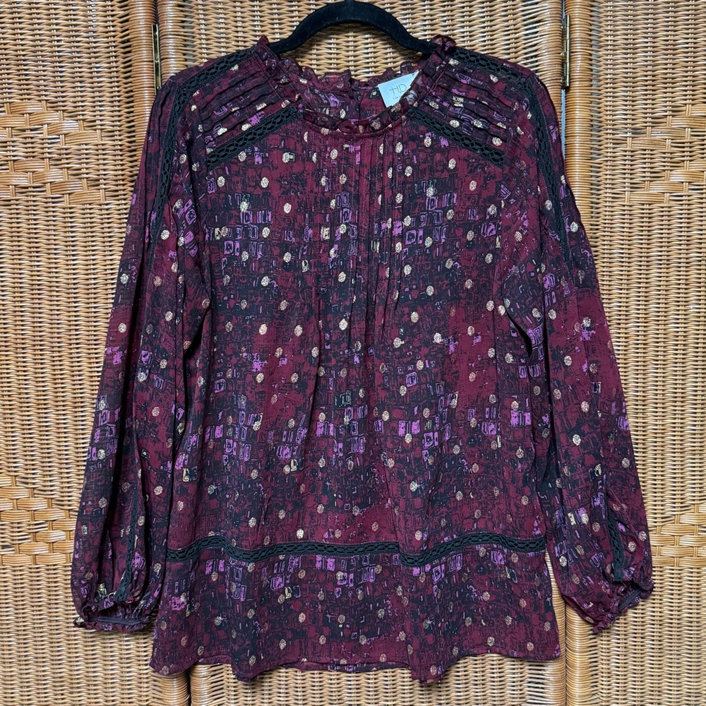 Anthropologie HD in Paris Metallic High Neck Peasant Top Size Medium